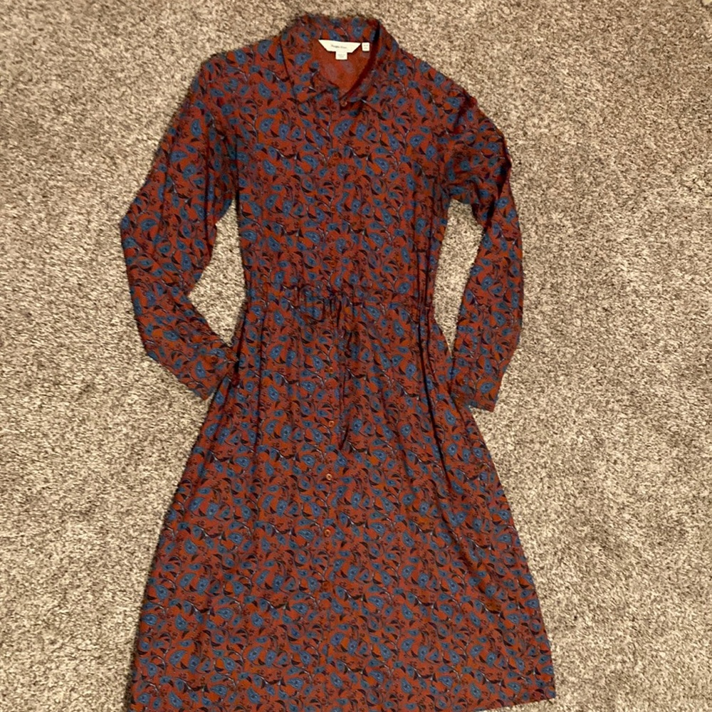 People Tree Rust Brown Long-Sleeve Floral Shirt Dress with Blue Accents